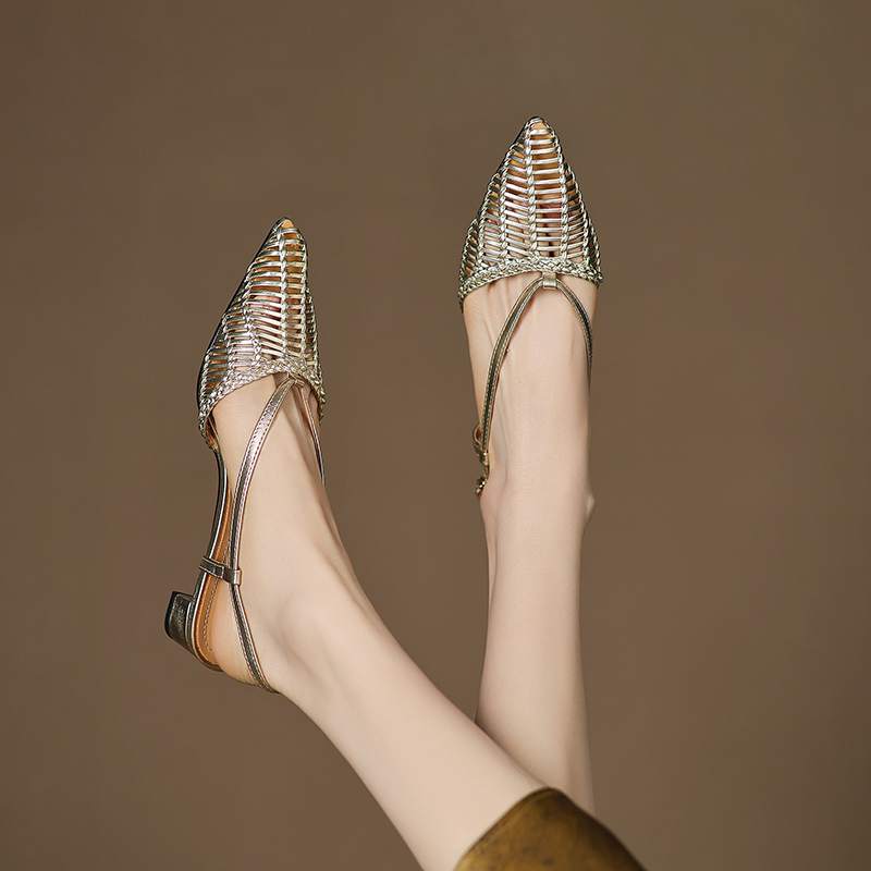 Krazing Pot Соломенные плетеные мюли летние размер 42 золотистого цвета на толстом низком каблуке женские сандалии с острым носком