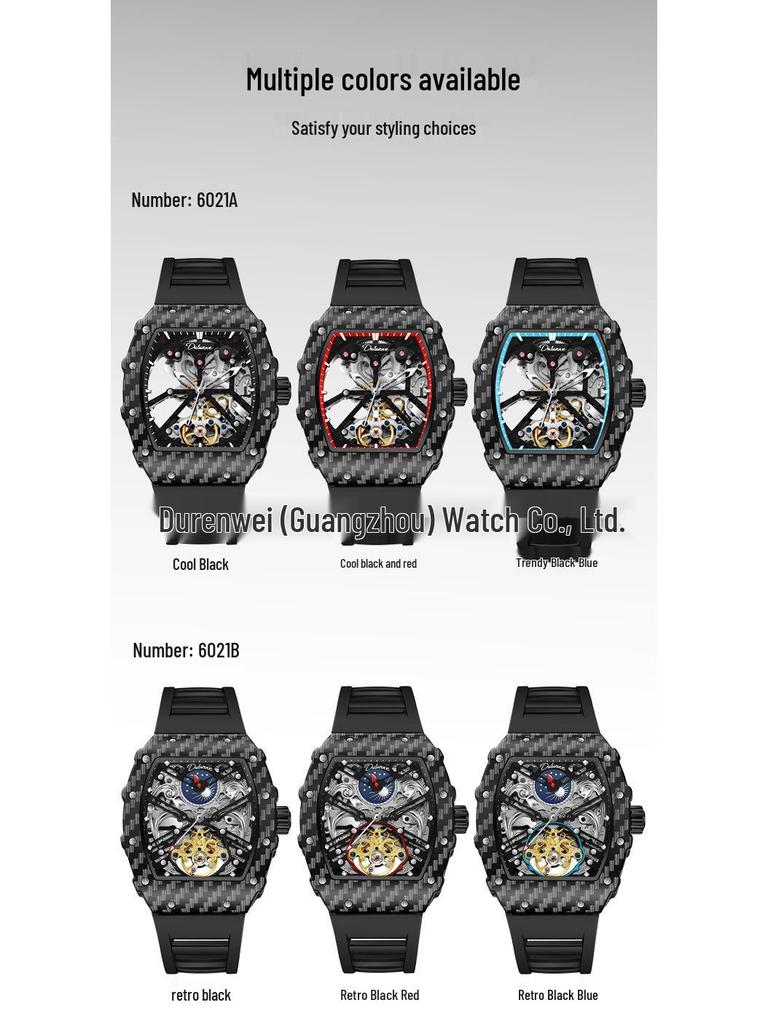 Мужские часы Durham Weida Tonneau Skeleton Tourbillon с автоподзаводом и резиновым ремешком.