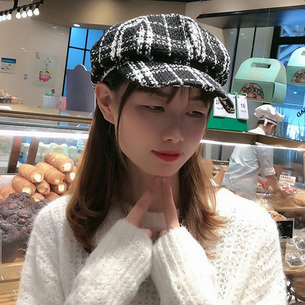 Для Девочек Корейский Стиль Осень Для Женщин Женщин Козырьки Кепка Шляпа Художника Восьмиугольная Кепка Клетчатый Берет