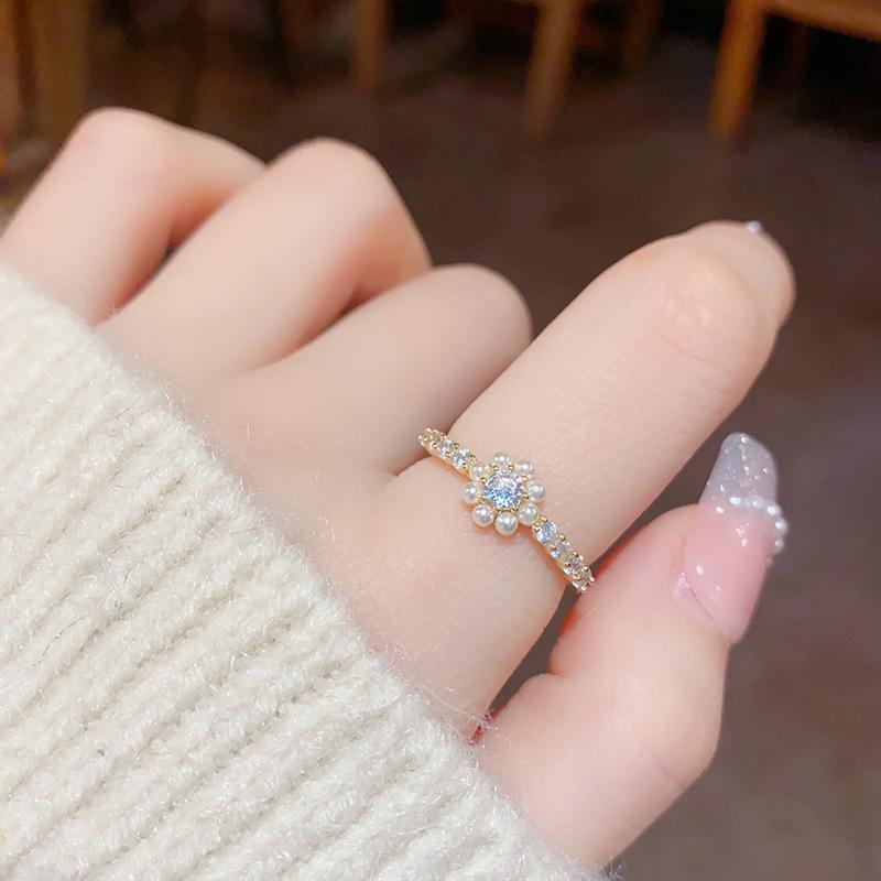 Кольцо с цветком из циркона и жемчуга, женское, легкая роскошь, высокое качество, изысканное, универсальное, на указательный палец, модное, темпераментное, ювелирное изделие для женщин