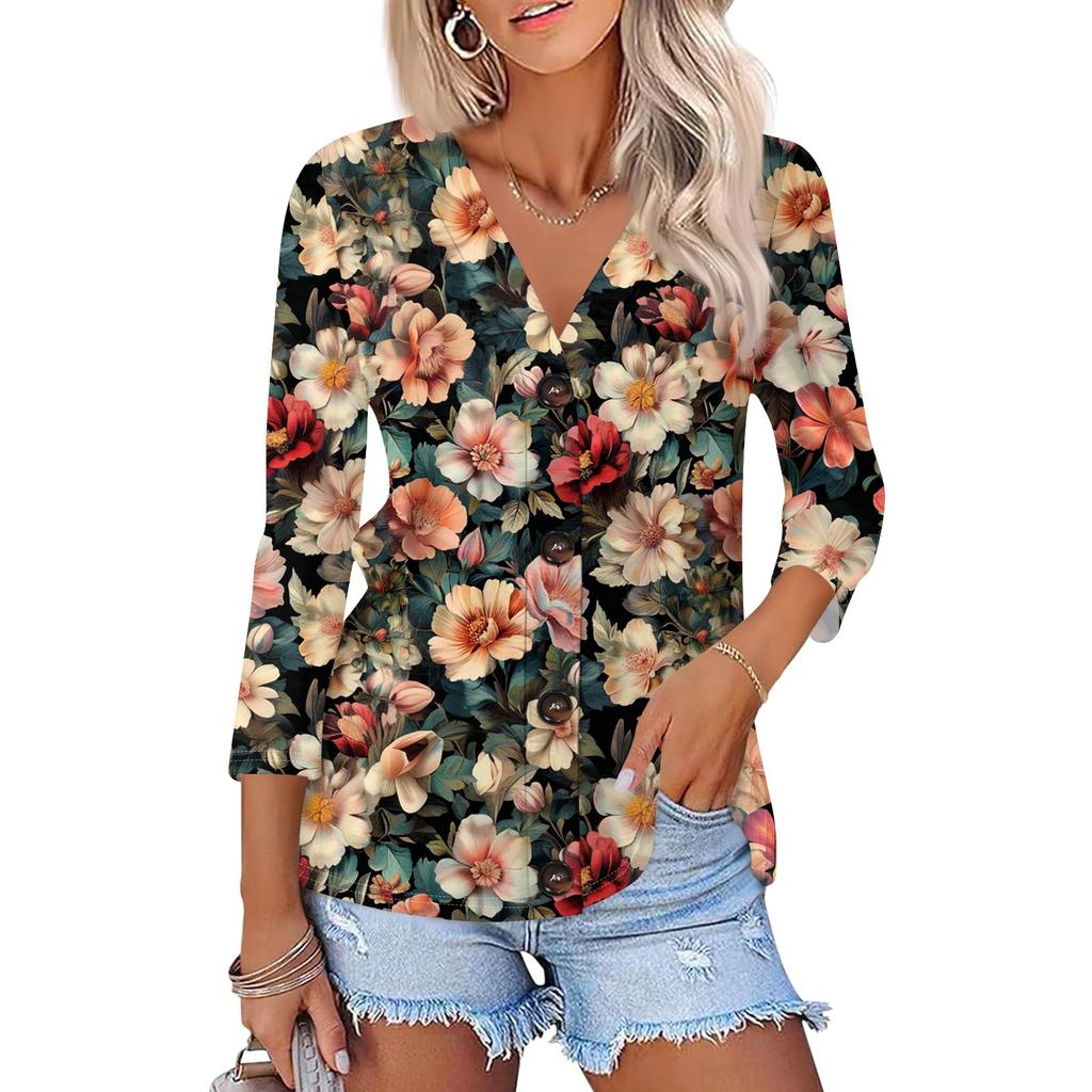 Women's Fashion Casual Print Button-down Shirt 3/4 Long Sleeve Tops