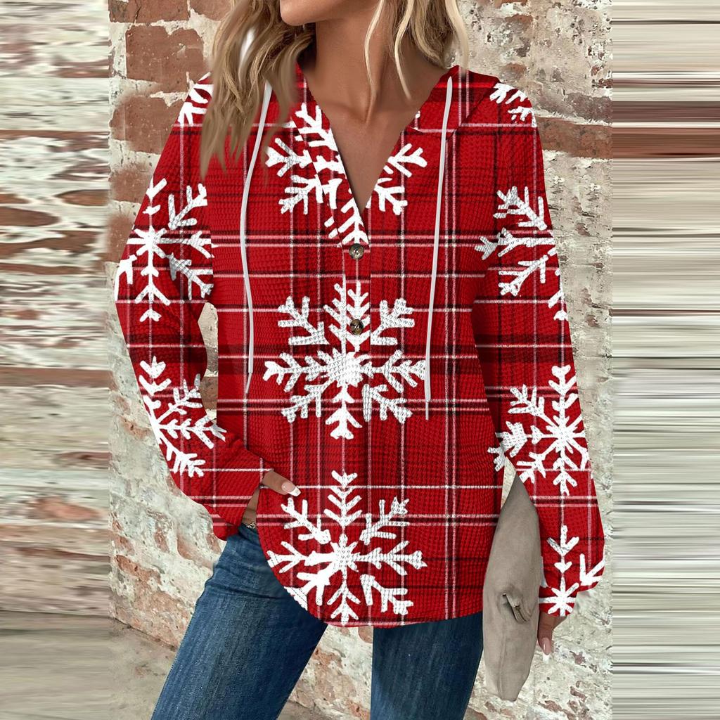 Женский повседневный топ с длинными рукавами, пуговицами, V-образным вырезом, рождественским принтом, завязками и капюшоном