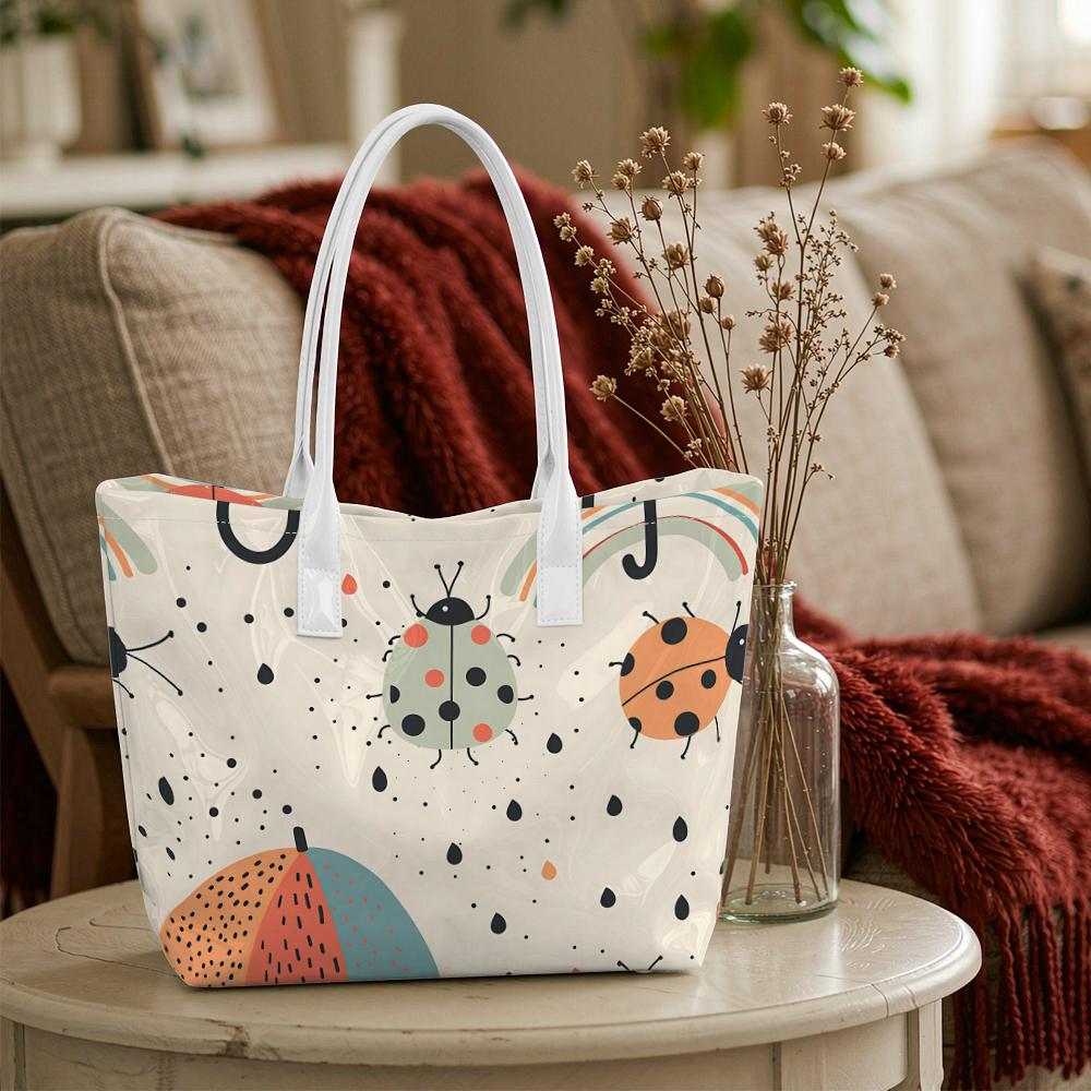 Cute Ladybug Print Tote Bag Daily Use Casual Portable Trendy Shoulder Handbag for Outdoor Shopping
