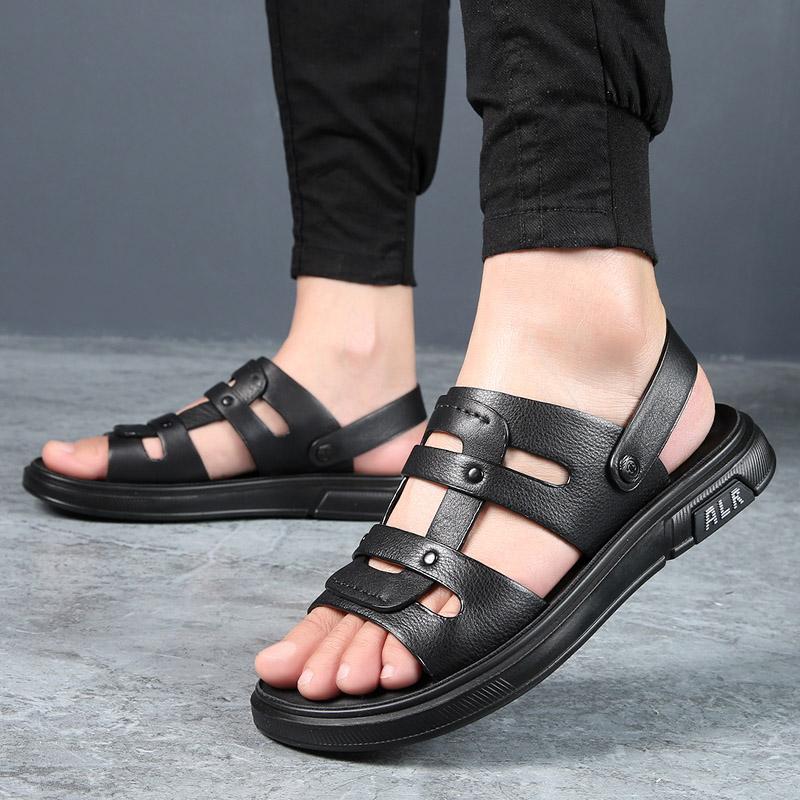Модные летние мужские черные сандалии из высококачественной кожи, повседневная обувь для мужчин, дышащая пляжная обувь, уличные тапочки, пляжная обувь с латексной подкладкой