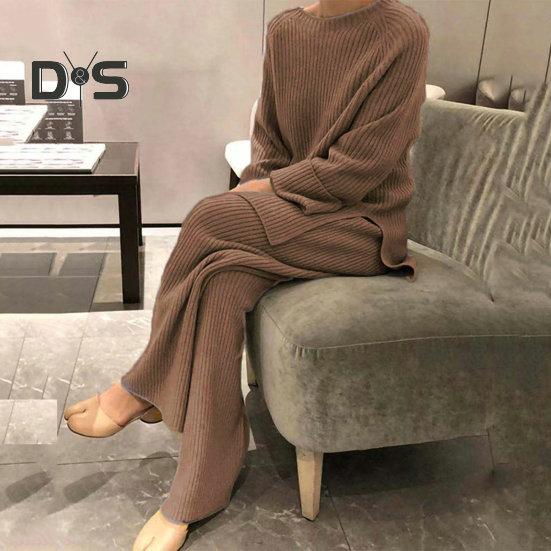 Женский комплект из 2 шт./компл., свитер, брюки, вязаный эластичный круглый вырез, свободный, с широкими штанинами, с эластичной резинкой на талии, толстый, мягкий, теплый, домашняя одежда, одежда для сна, женская зимняя осень