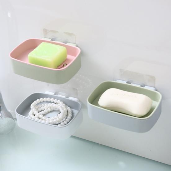 Wall Mount Soap Dish Double Layers Quick Drain No Drill Adhesive Modern Kitchen Bathroom Shower Soap Holder Container Box Saver