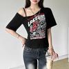 Готическая футболка Y2k Letter Print Off Shoulder Punk Футболки женские Harajuku Летняя уличная одежда Гранж Футболка Эстетичные сексуальные укороченные топы