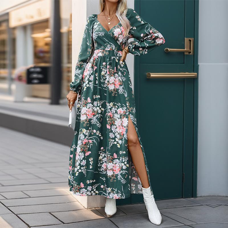 YYFS Women's Fashion Spring Fall Flower Pattern Print Long Sleeve V-Neck High Waist Casual Dresses