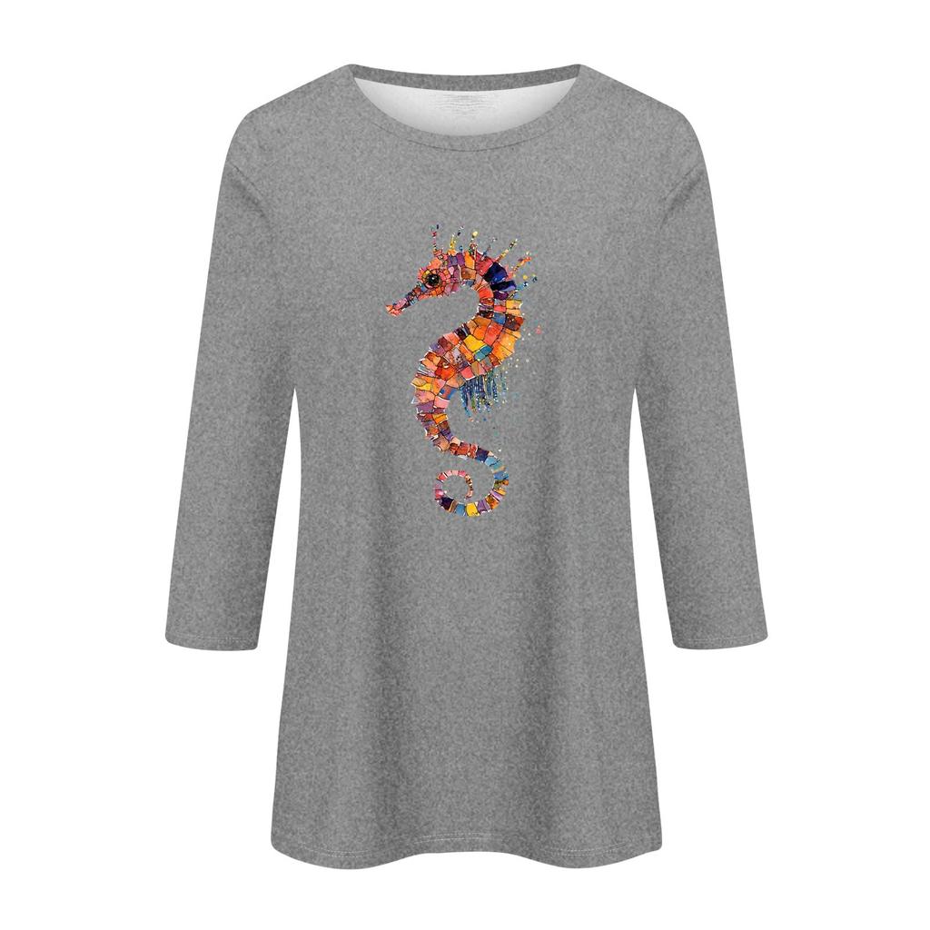 Женская мода повседневная три четверти рукава гиппокамп печать круглый вырез пуловер топ