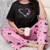 Summer Thin Pajamas Women's Short-sleeved Trousers Suit Plus Size Leisure Loose Round Neck Homewear