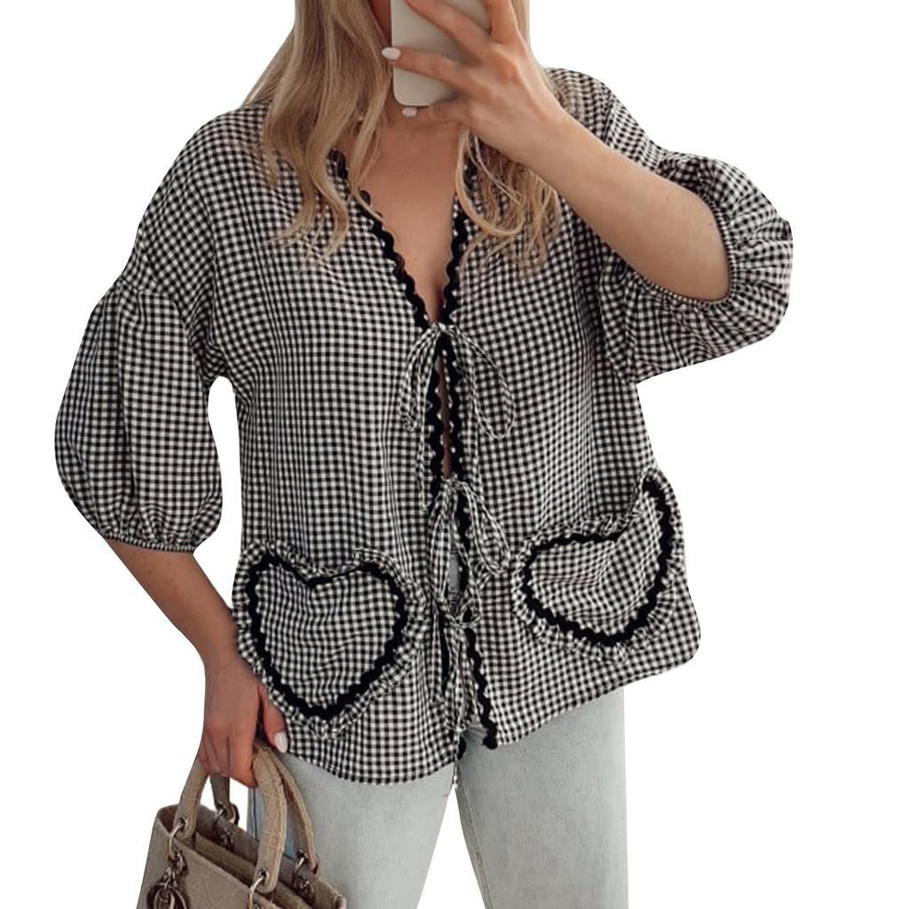 Женская повседневная клетчатая рубашка с коротким рукавом, свободные топы с ремешком и карманом в форме сердца