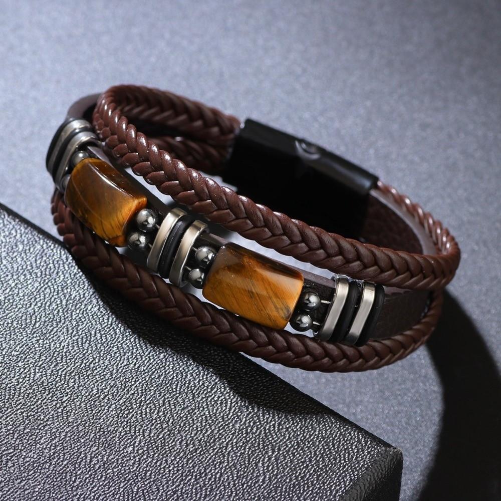 Multi-Layer Leather Bracelet Braided Beaded Bracelet Men's Bracelet Tiger Eye Stone Bracelet Men