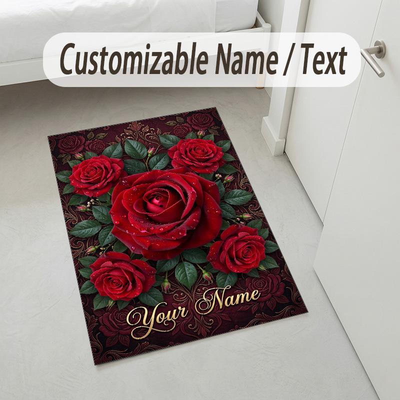 Roses Elegance Theme Soft Crystal Velvet Rug Custom Name & Text Print Non Slip Floor Rug for Bedroom Living Room