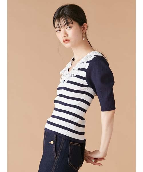 Lily Brown Border Knit Top LWNT252021 Women's Lace-Collar