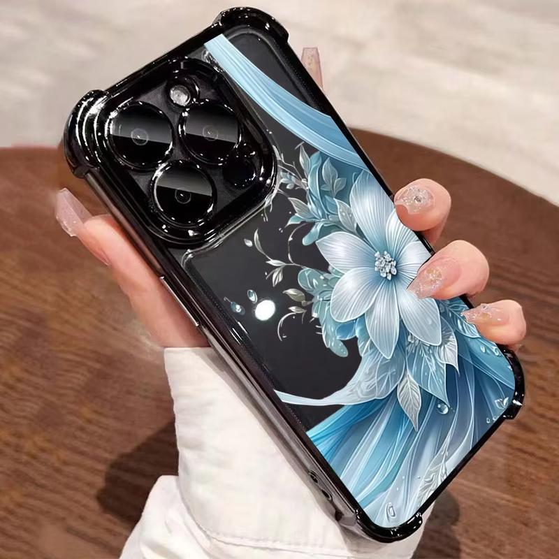 Цветок Синяя Лилия Прозрачный Покрытый Воздушной Подушкой Для iPhone 17 16 15 14 13 12 11 Pro Max Plus 16E 17Air Прозрачный Силиконовый Чехол
