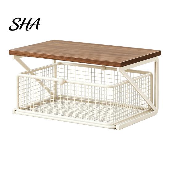Home Coffee Bar Decor Station Organizer with Drawer, Tiered Organizer, Wooden Top Shelf, Capsule Wire Mesh Drawers for Tea Bags, Capsules, Office