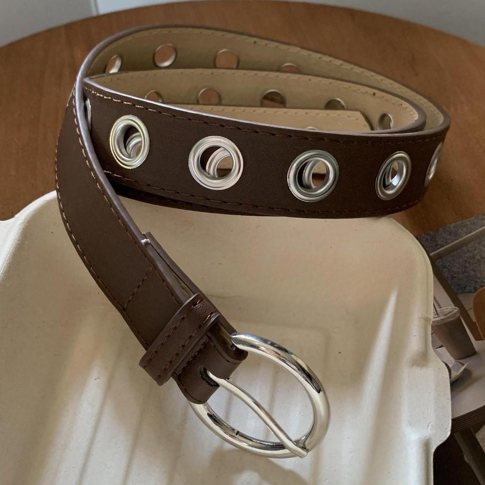 Adjustable Punk Rock Waistband Textured Silver Round Buckle Belt Fashion Grommet Belt Girls Outfit