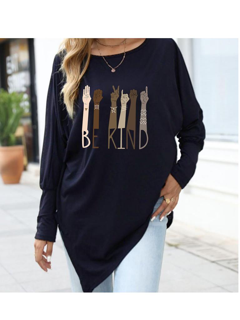 Women's Oversize Long-Sleeve Spring/Fall Asymmetrical Hem T-Shirt Fashion Printed Logn Sleeve Top
