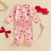 Baby Girl Valentine 's Day Outfits Long Sleeve Heart Bow Print Ruffle Jumpsuit with Headband Set Newborn Clothes