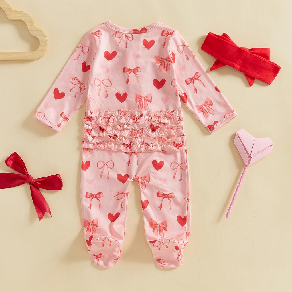 Baby Girl Valentine 's Day Outfits Long Sleeve Heart Bow Print Ruffle Jumpsuit with Headband Set Newborn Clothes