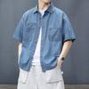 Men's Short Sleeve Cotton Shirt Summer Button Down Lapel Denim Shirts with Pockets Casual Beachwear Top