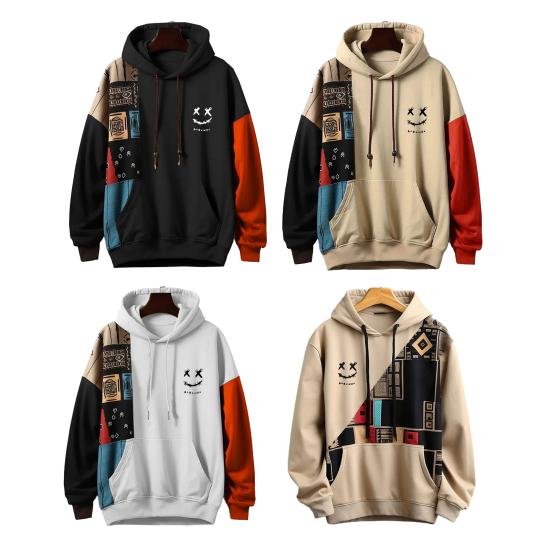 Мужское худи на осень-зиму, свободного кроя, с длинными рукавами, в цветовой блок, с большим накладным карманом