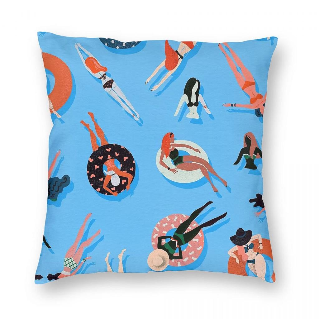 Swimming Ladies Coral  Blue Square Pillowcase Polyester Linen Velvet Creative Zip Decorative Pillow Bed Cushion Cover Wholesale
