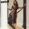 Women's Fashion Spring Autumn Leopard Print Long Sleeve O-Neck High Waist Casual Dresses