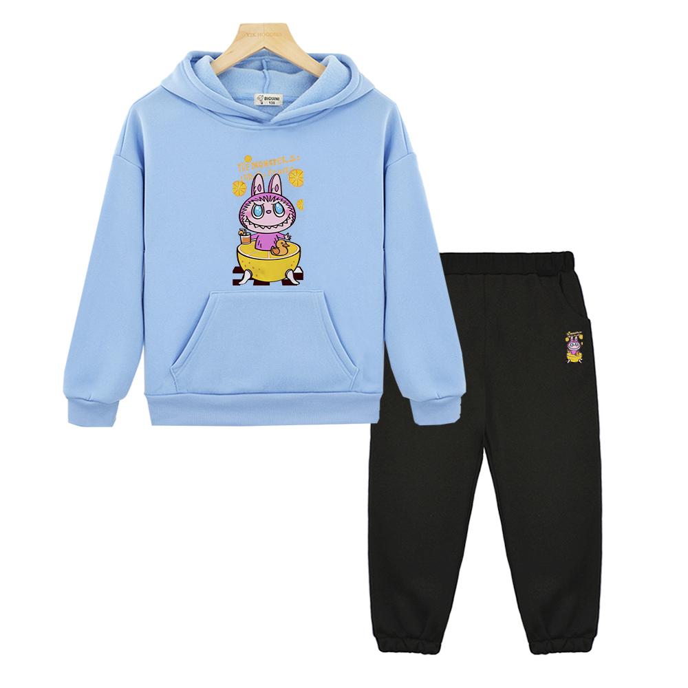 Мальчики девочки Комплекты с капюшоном Каваи лабубу Аниме толстовка Флисовая толстовка Мультяшная куртка 2 предмета пуловер+брюки детская бутиковая одежда