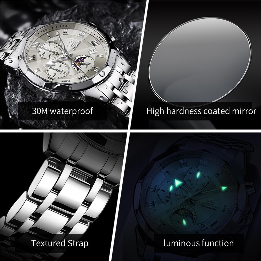 OLEVS 3675 Men Watch Brand Business Stainless Steel Date Chronograph Luxury Waterproof Moonphase Men Quartz Watch Reloj Hombre
