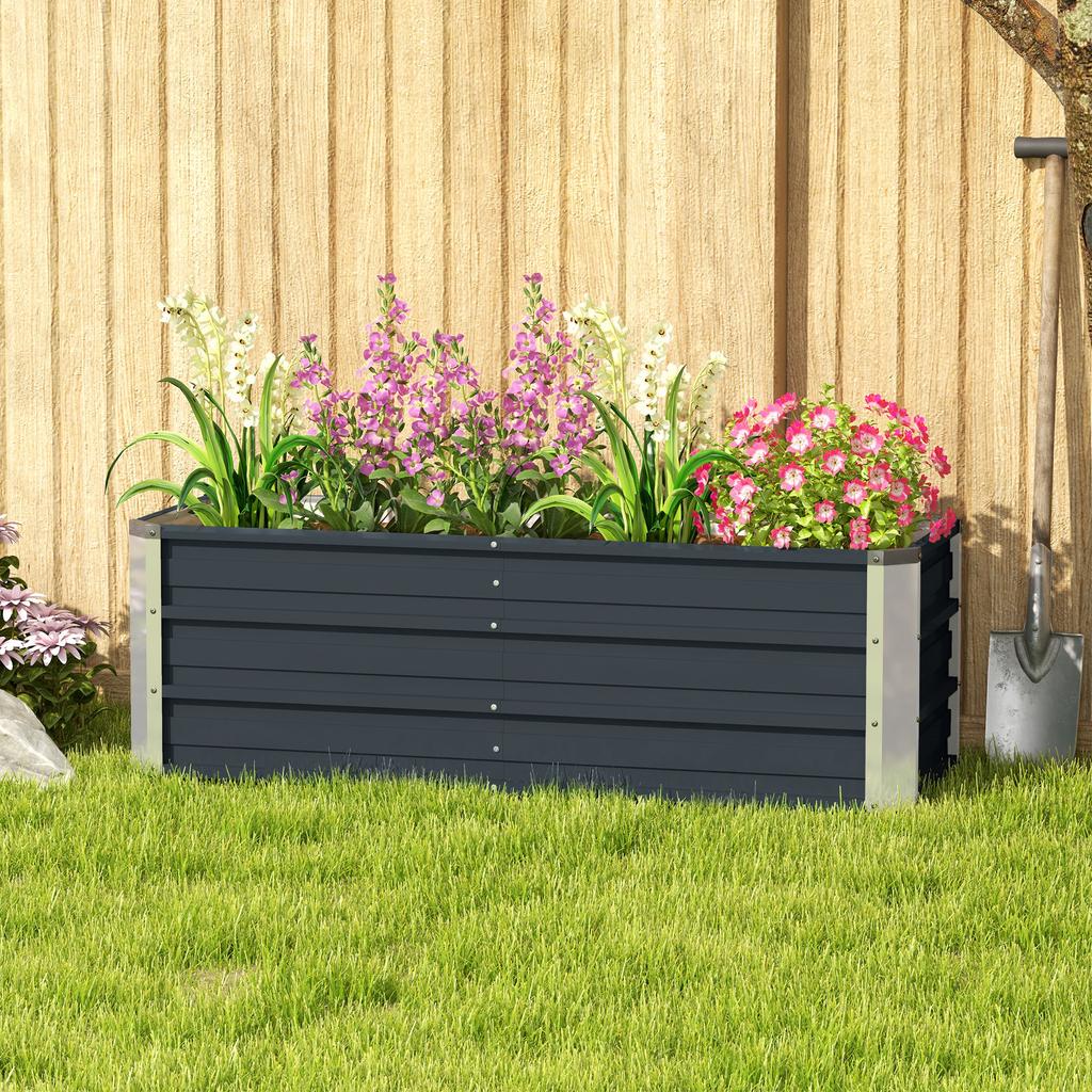 Steel raised garden bed, planter box, flower box, flower pot with gloves, charcoal gray, 125 x 47 x 44 cm