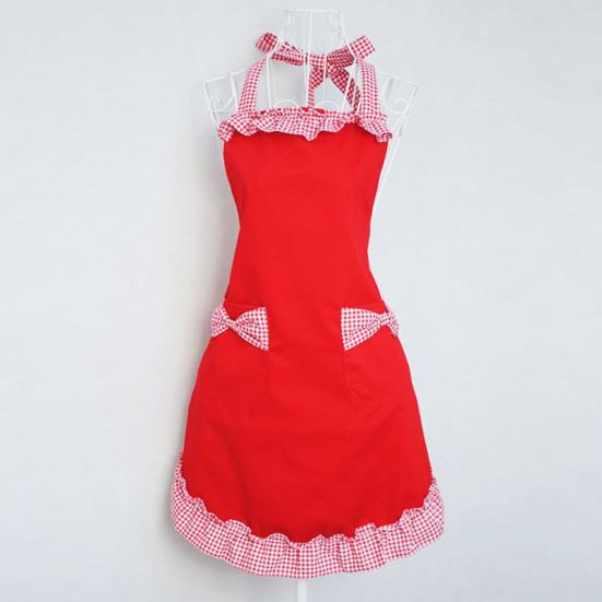 Women Cute Bowknot Decor Pocket Apron Plaid Print Splicing Adjustable Lace-up Kitchen Flirty Apron Mother Day Gift