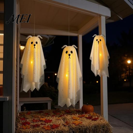 Playful Ghost for Indoor Parties 3 Pcs Lighted Dog Hanging Ornaments, Spooky Halloween Outdoor Flying Floating Decor Gauze with LED Light Tree