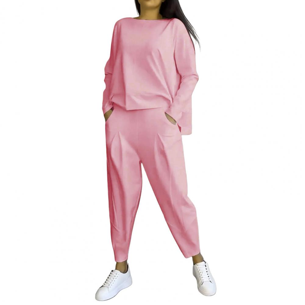 Spring Summer Autumn Suit Elegant Women's Top Pants Set with Long Sleeves O Neck T-shirt Elastic Waist for Fall for Office