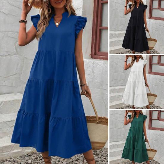 Women Dress V Neck Pure Color A-line Patchwork Big Hem Flying Sleeves Ruffle Pleated Dating