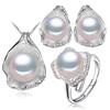 LSOOYH Shell Design Natural Freshwater Pearl Earrings Jewelry Sets Cubic Zirconia Necklace Ring
