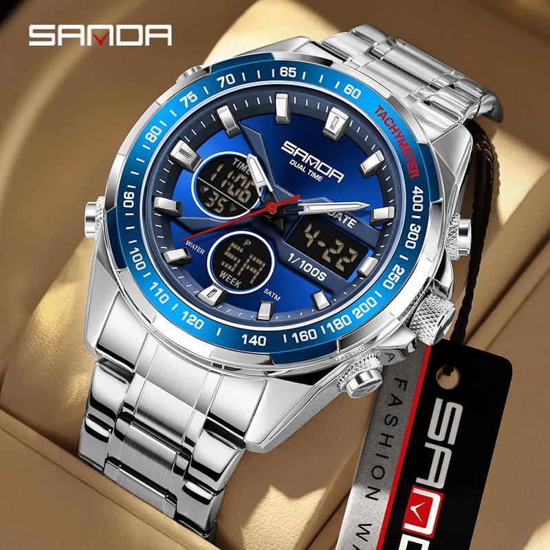 SANDA Stereoscopic Dual Display Watch Men's Steel Band Sunday Date 12/24 Hour 5ATM Waterproof Night Light Alarm Clock