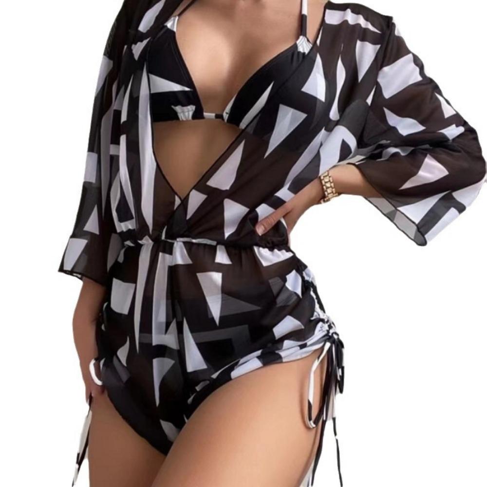 Купальник с сетчатой талией и длинными рукавами, высокая талия, принт, шнурок, европейское и американское бикини из трех частей