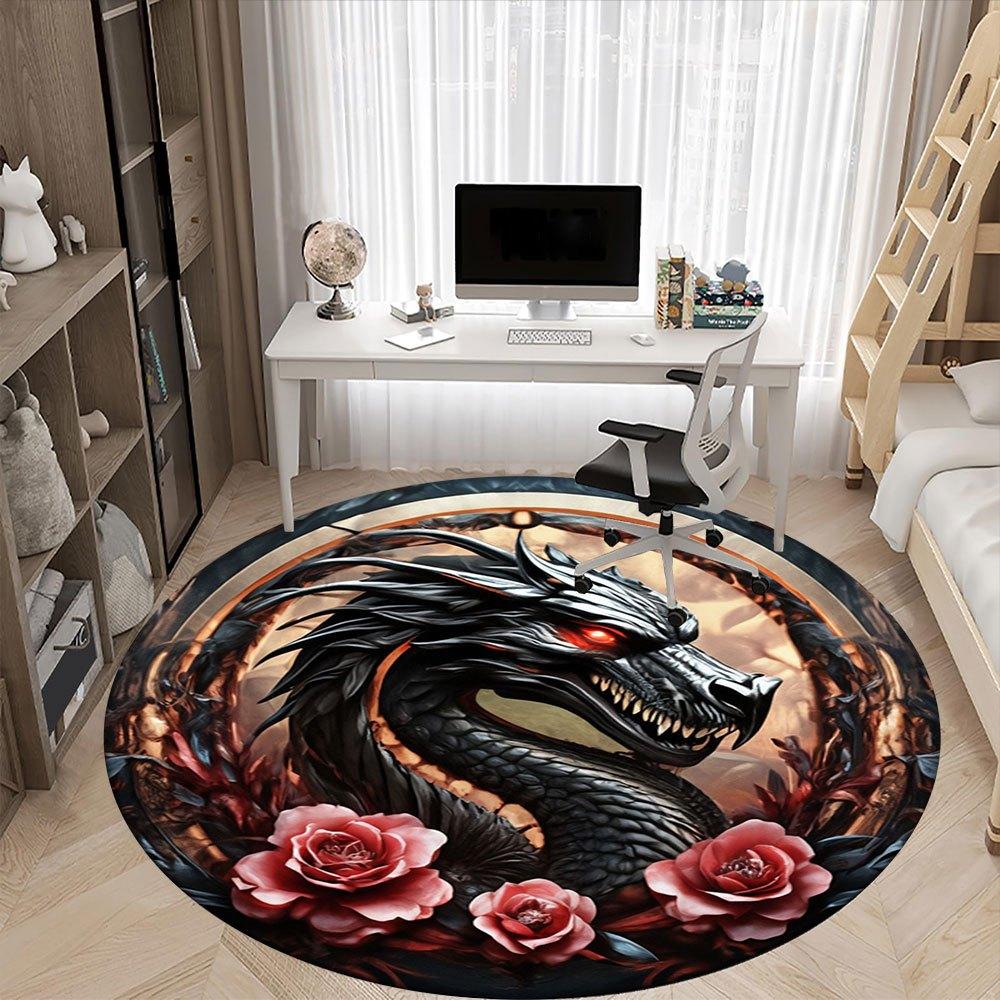 Fantasy Dragon with Roses Circular Wall Art PrintRound Non-Slip chair mat chair carpet for office Rugs for Office Decor Gift For Valentine's Day Mothe