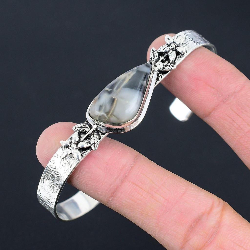 Easter Deal Natural Fume Agate 925 Silver Sister Flower Art Deco Bangle Jewelry