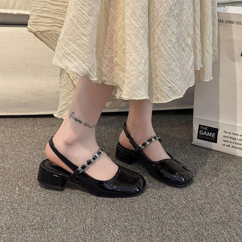 Mary Jane Baotou Sandals Women's 2025 Spring and Summer New Square Head Coarse Heel Middle Heel Versatile Rear Empty Diamond with Cool Slippers Women