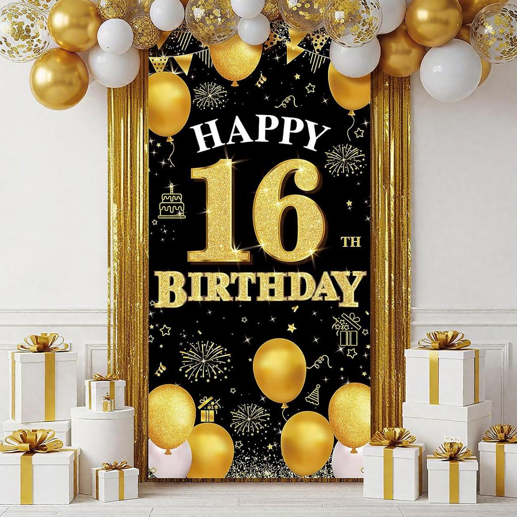 Happy 16th Birthday Decorations for Girls and Boys, Black and Gold 16th Birthday Banner Backdrop, Fabric Door Decor Yard Sign Photo Props, 16 Year