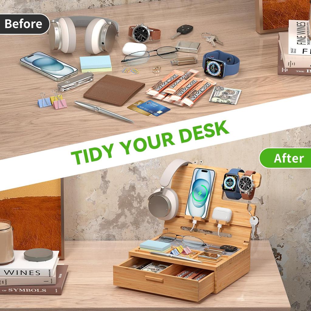 Док-станция из бамбука Pezin & Hulin, идеальный подарок на день рождения для мужчин, на День отца или на годовщины. Организуйте свой стол с помощью этого удобного