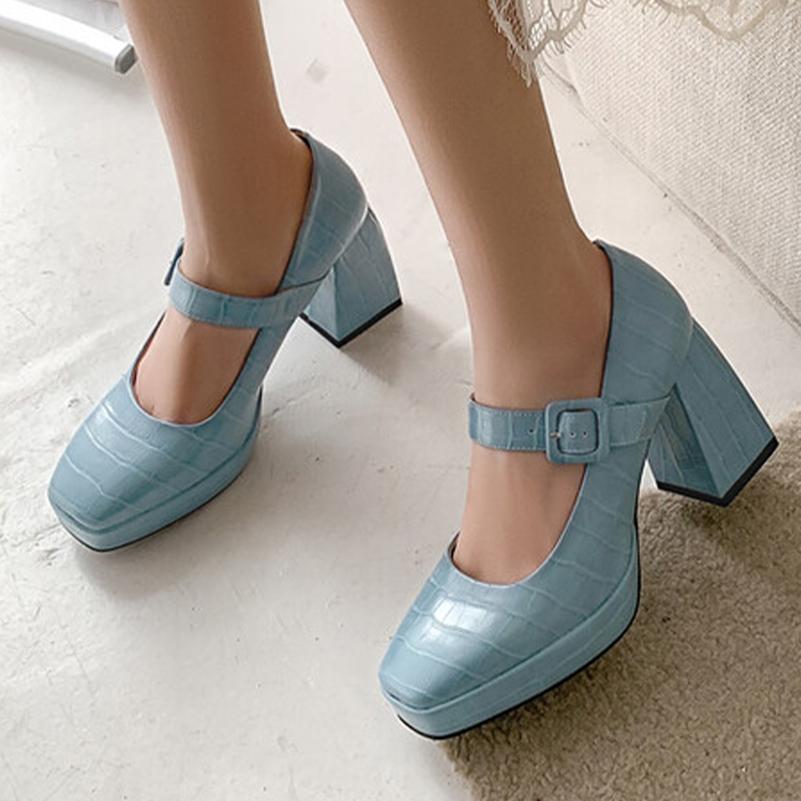 Женские туфли-лодочки из искусственной кожи, вечерние весенне-осенние туфли Мэри Джейн с квадратным носком и пряжкой на толстом высоком каблуке, сине-желтые брови