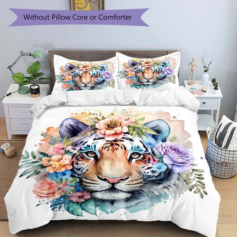 3pcs Domineering Tiger Quilt Set Cartoon Themed Bed Quilt Set Lovely Character Bedroom Decor Bed Quilt Set Four Seasons (1 Cover + 2Pillowcase NO