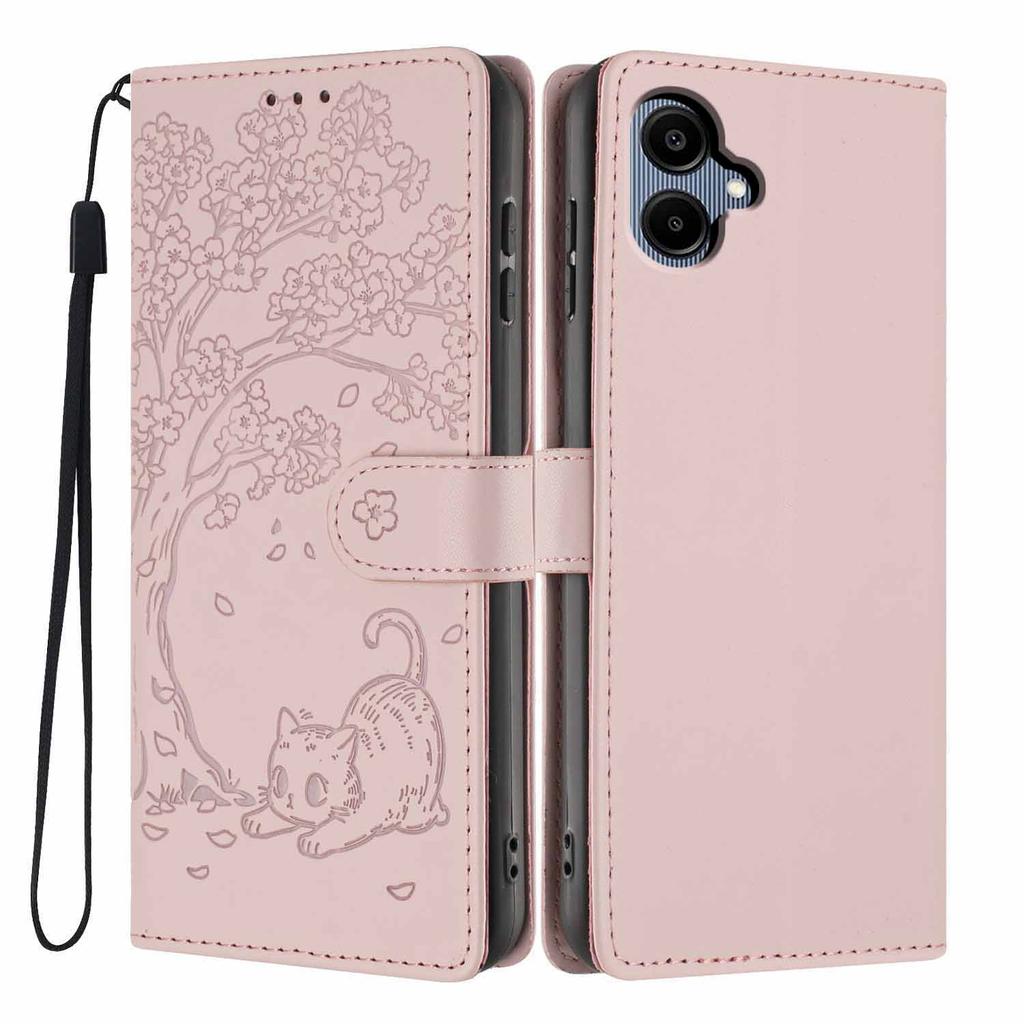 For Samsung Galaxy A06 4G Stand Case Tree-and-Cat Pattern PU Leather Wallet Protective Phone Cover with Wrist Strap