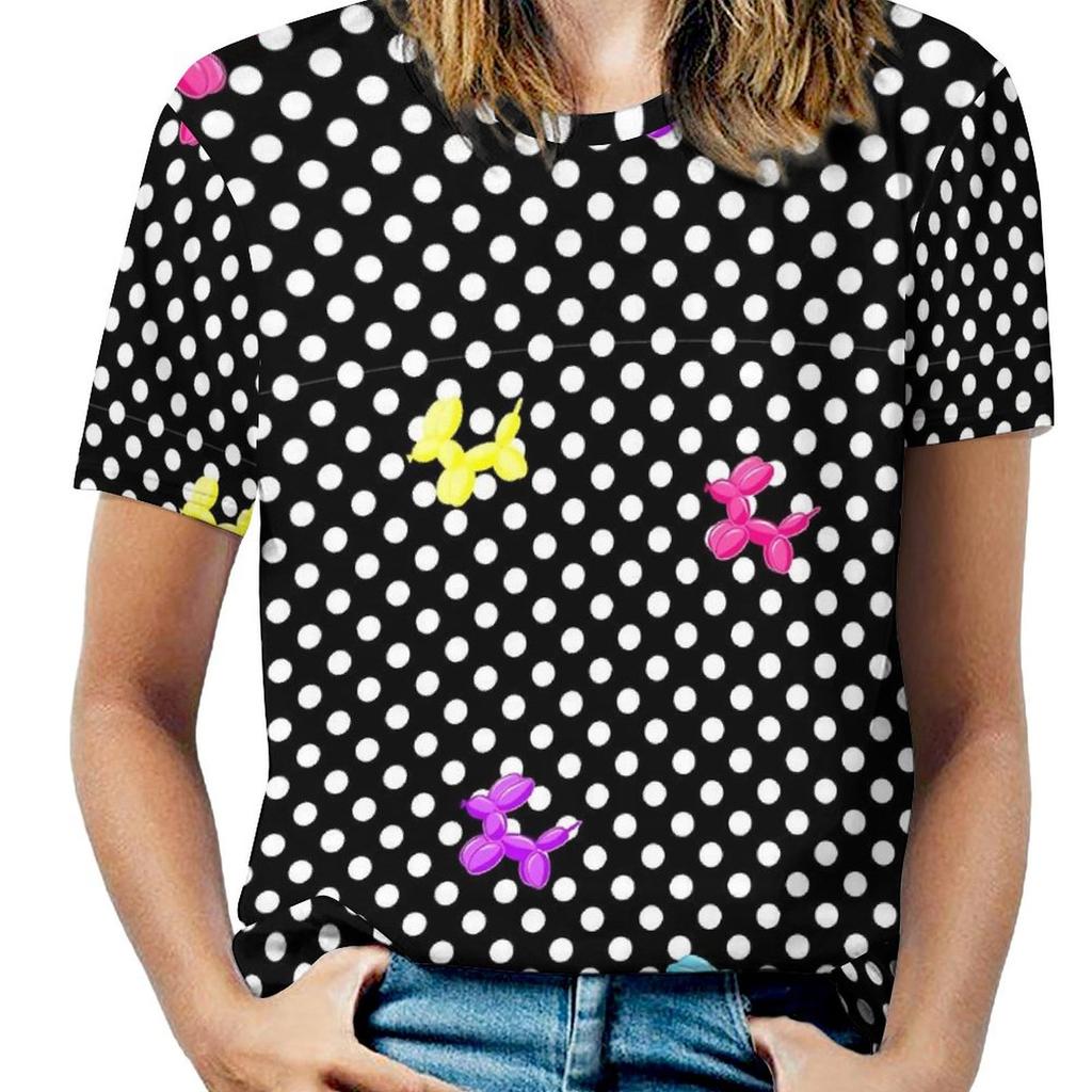 Черно-белая футболка в горошек с круглым вырезом и ретро-принтом, свободные футболки с коротким рукавом, футболки в уличном стиле для женщин, топы с пляжным дизайном