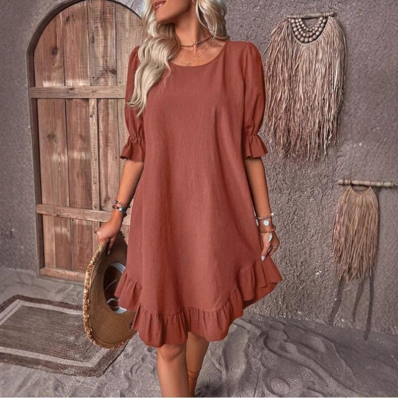 Свободное платье для отпуска, женское, с круглым вырезом, плиссированное, однотонное, с короткими рукавами, модное вечернее платье