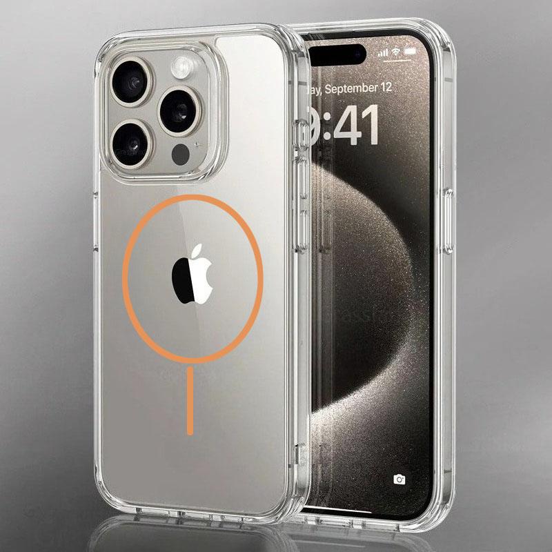 Роскошный тонкий чехол с магнитной беспроводной зарядкой Magsafe для iPhone 16 15 14 Pro Max 13 12 Mini 11 16e Plus Прозрачная задняя крышка