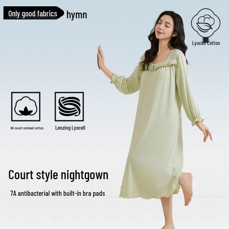 Пижама из тенселя и хлопка больших размеров с бюстгальтером: Летняя ночная сорочка с длинным рукавом и охлаждающим эффектом для женщин